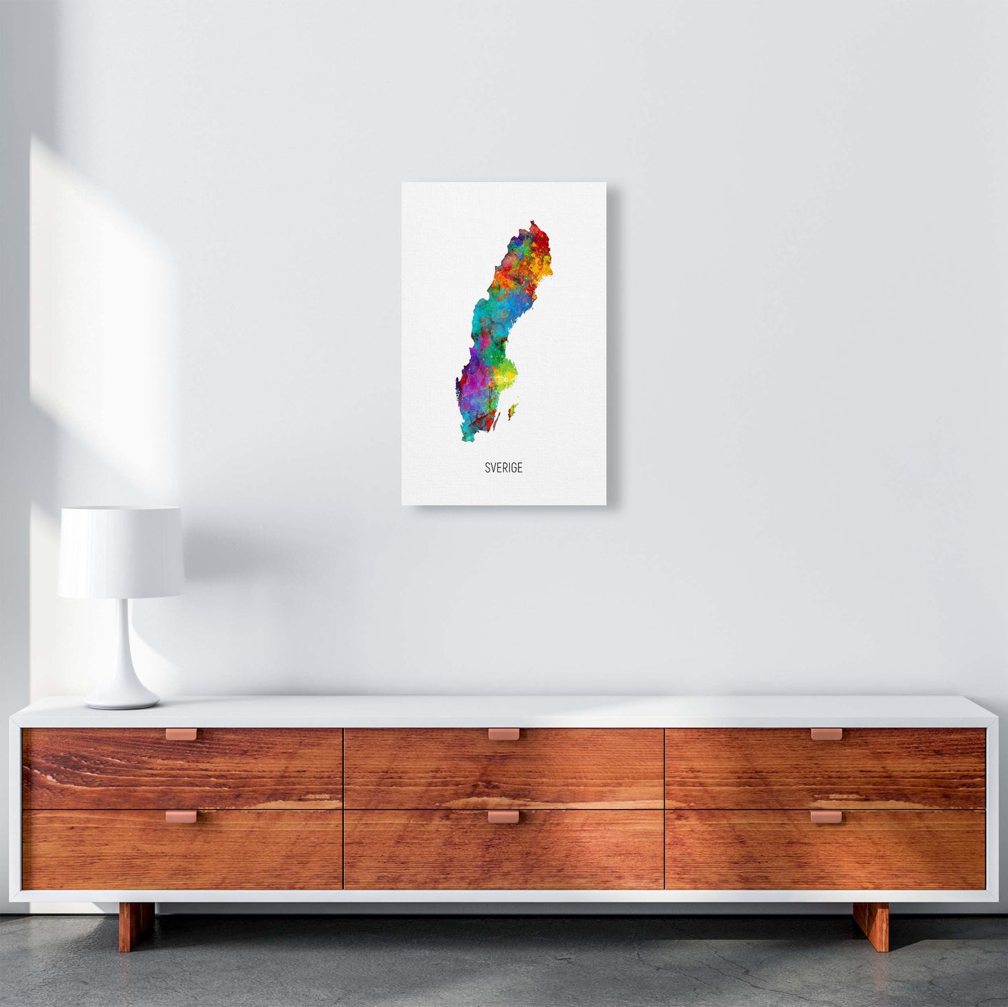 Sverige Watercolour Map Art Print by Michael Tompsett A3 Canvas