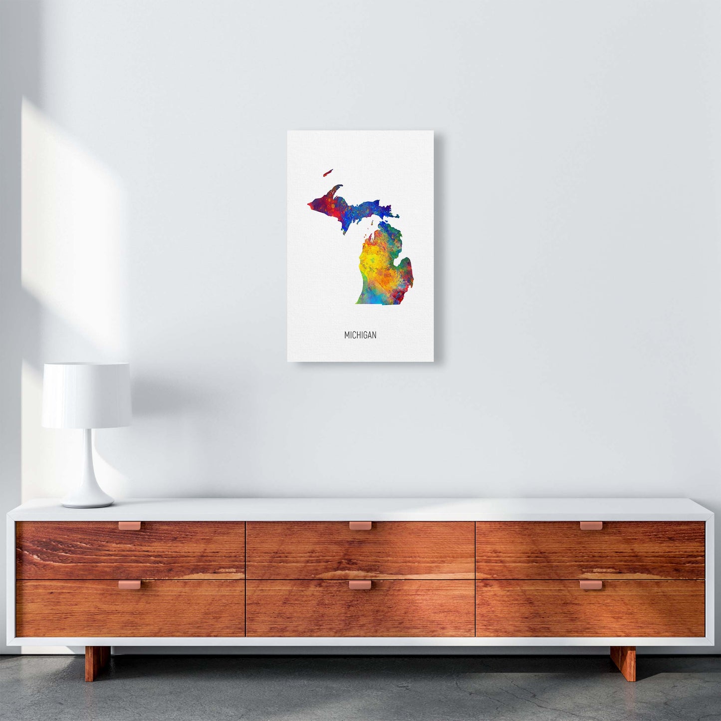 Michigan Watercolour Map Art Print by Michael Tompsett A3 Canvas