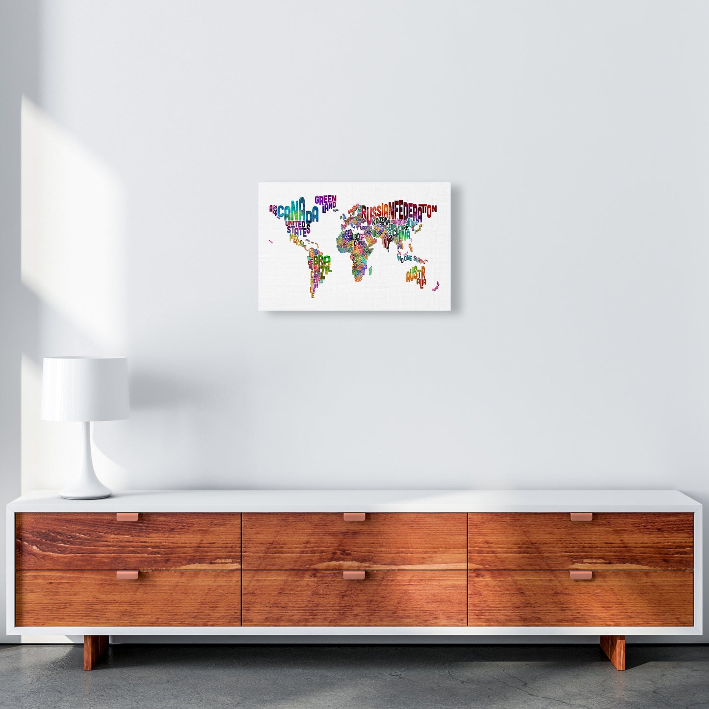 Text Map of the World Colour Art Print by Michael Tompsett A3 Canvas