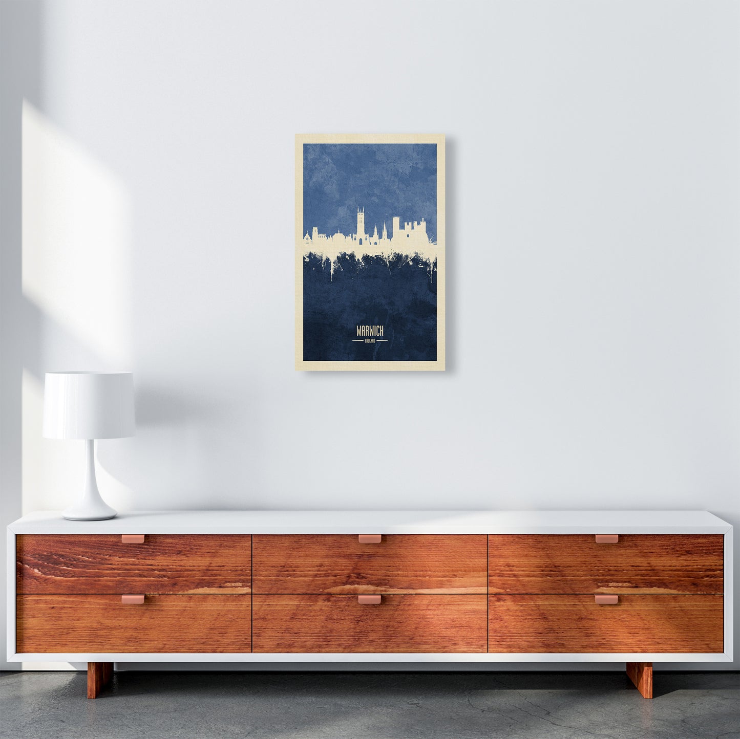 Warwick England Skyline Portrait Navy Art Print by Michael Tompsett A3 Canvas