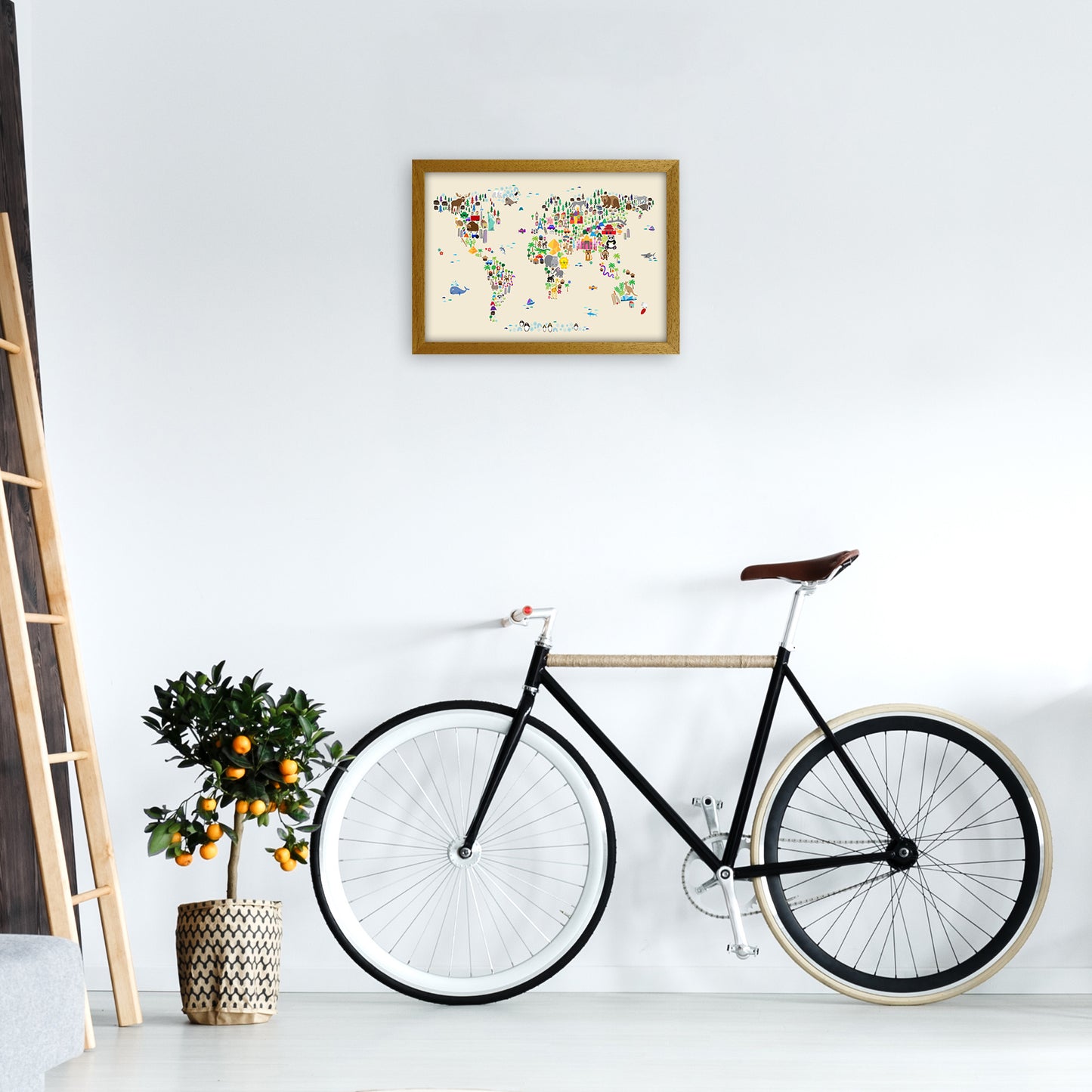 Animal Map of the World Beige Art Print by Michael Tompsett A3 Print Only