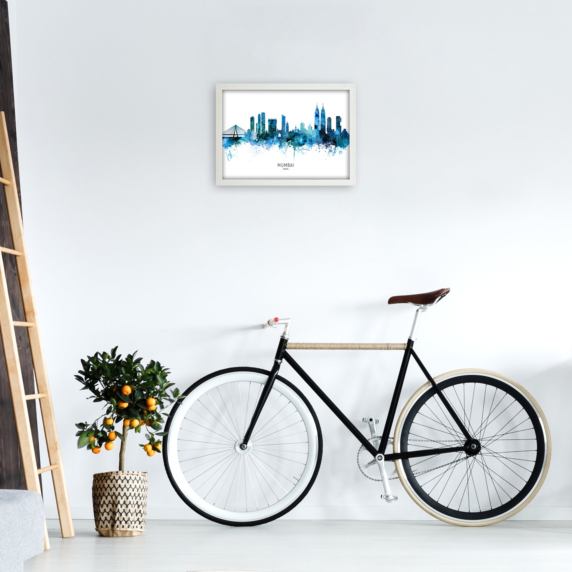 Mumbai India Skyline Blue City Name Print by Michael Tompsett A3 Oak Frame