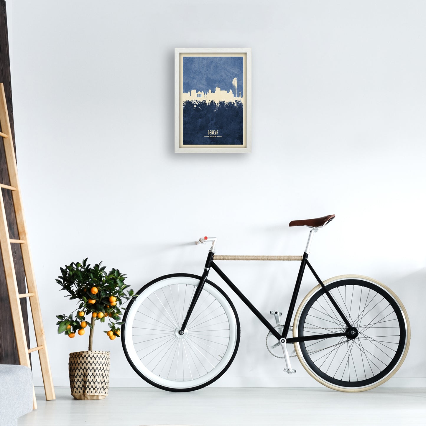 Geneva Switzerland Skyline Portrait Navy Art Print by Michael Tompsett A3 Oak Frame