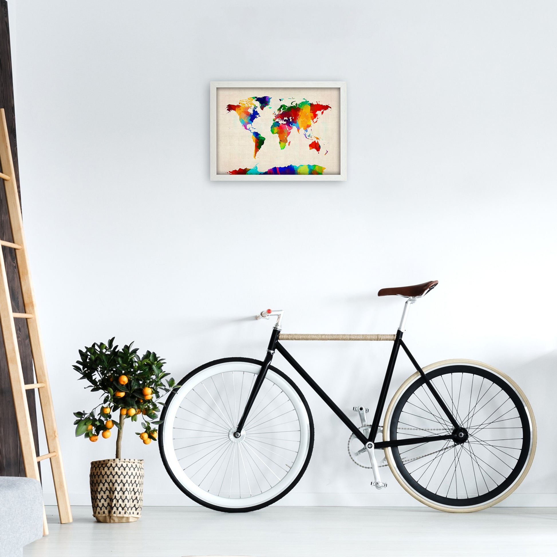 World Map Rolled Paint Art Print by Michael Tompsett A3 Oak Frame