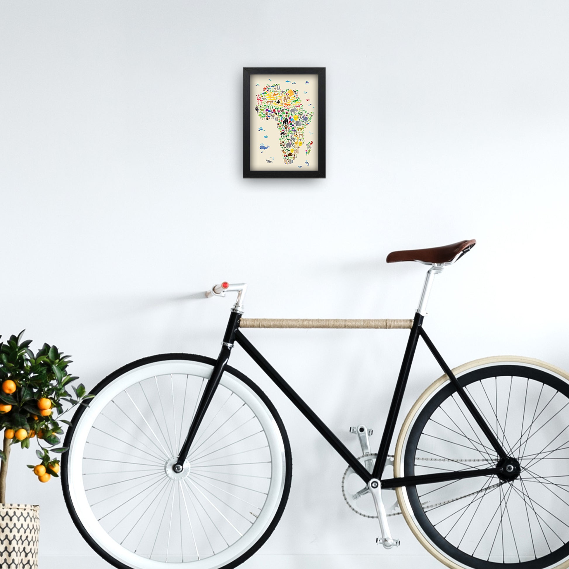 Animal Map of Africa Beige  Art Print by Michael Tompsett A4 White Frame