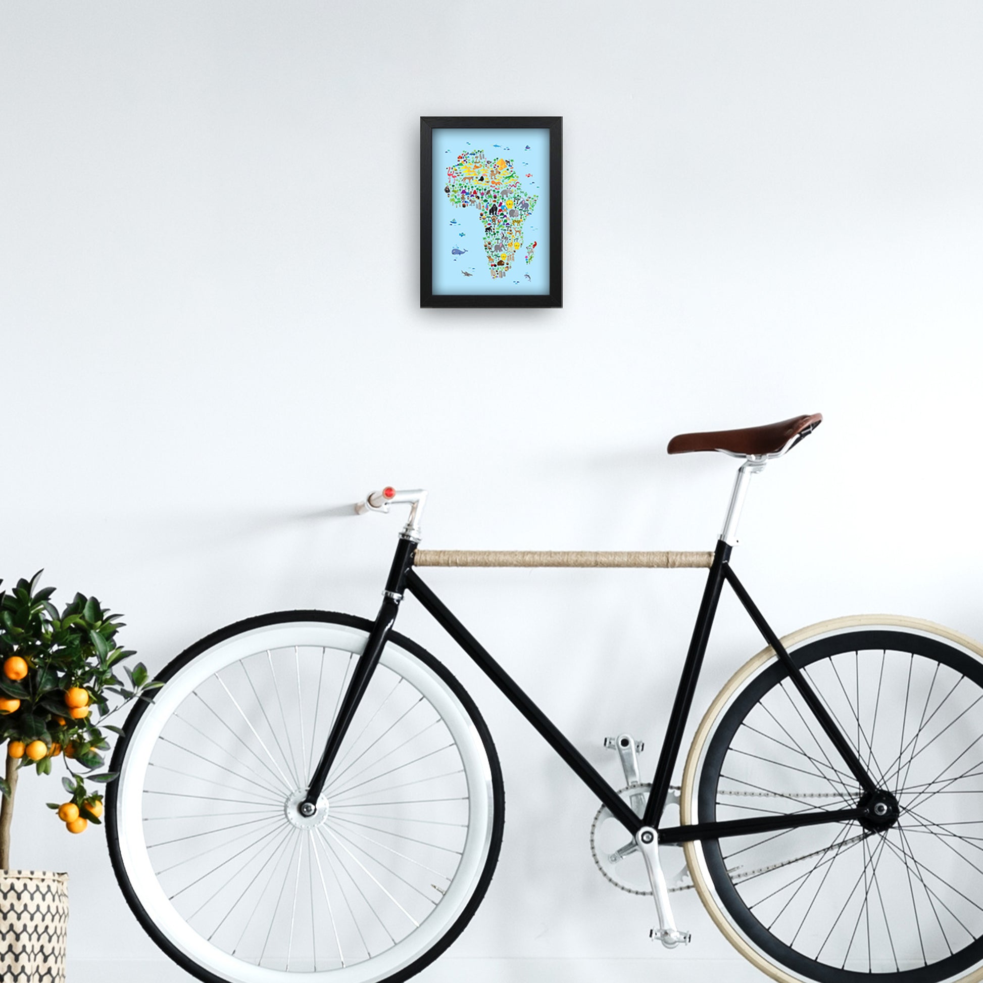 Animal Map of Africa Blue Nursery Print by Michael Tompsett A4 White Frame