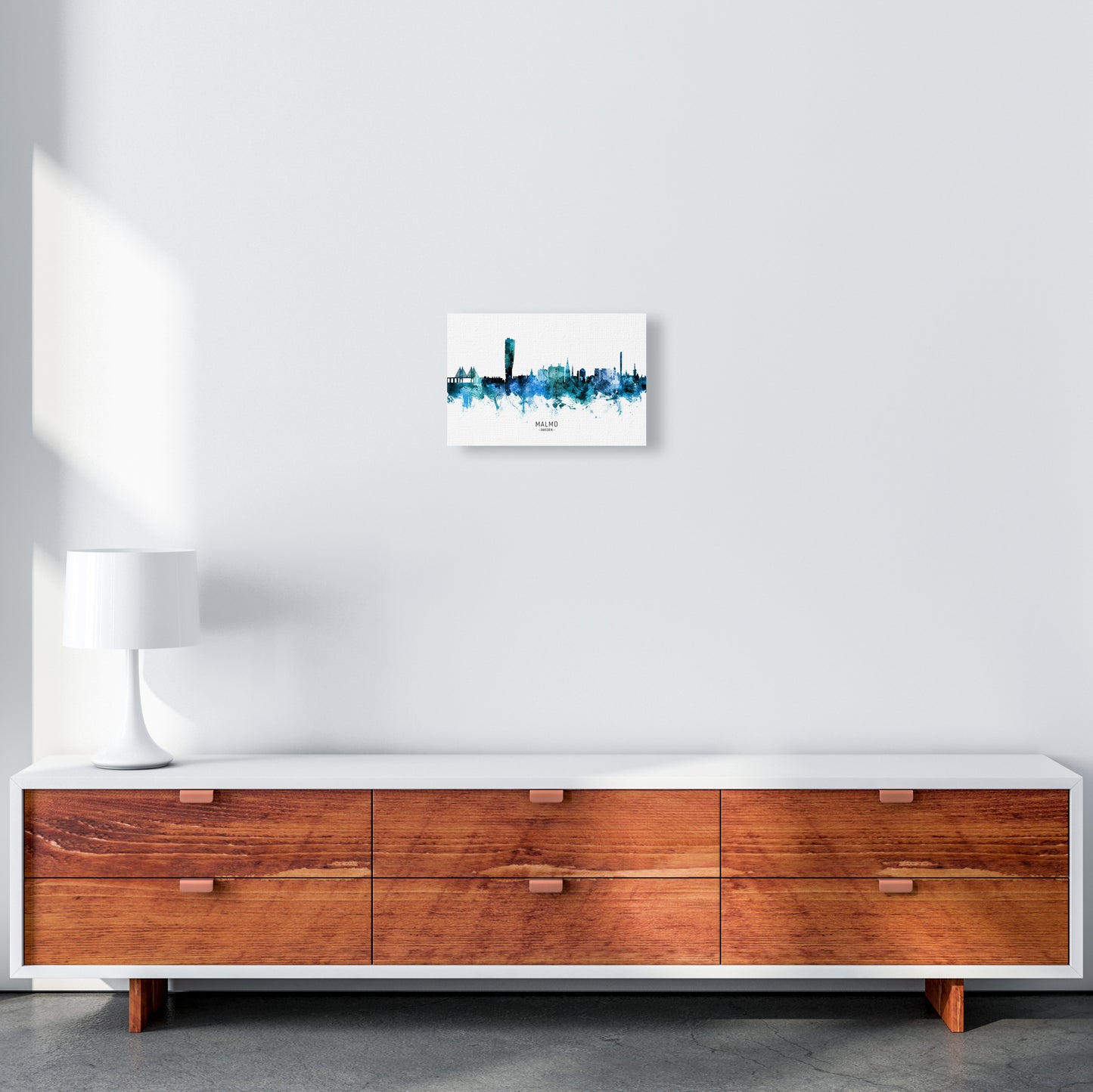 Malmo Sweden Skyline Blue City Name Print by Michael Tompsett A4 Canvas