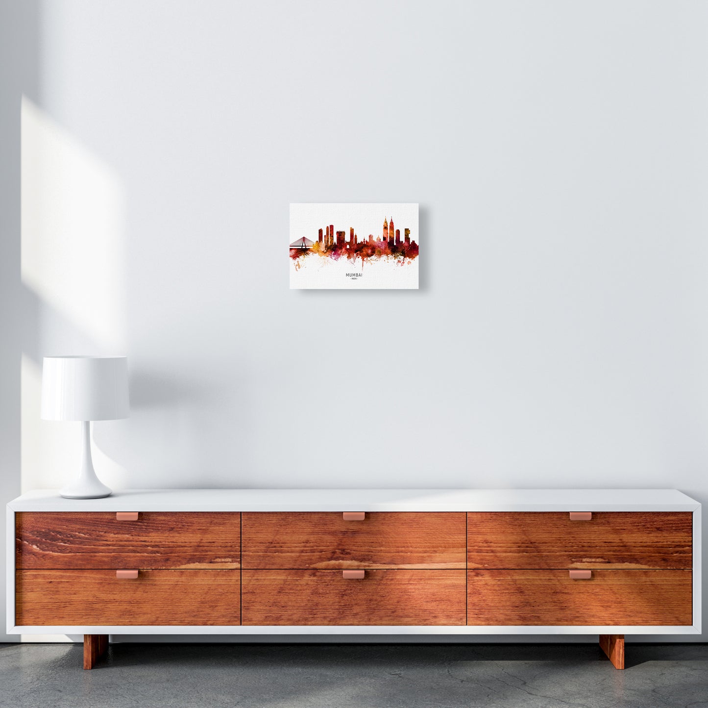 Mumbai India Skyline Red City Name Print by Michael Tompsett A4 Canvas