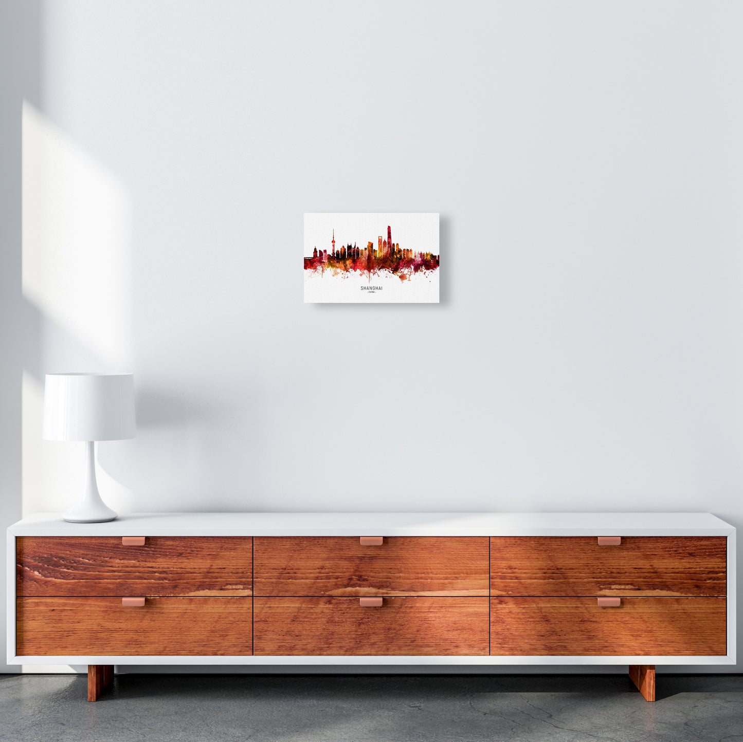 Shanghai China Skyline Red City Name by Michael Tompsett A4 Canvas