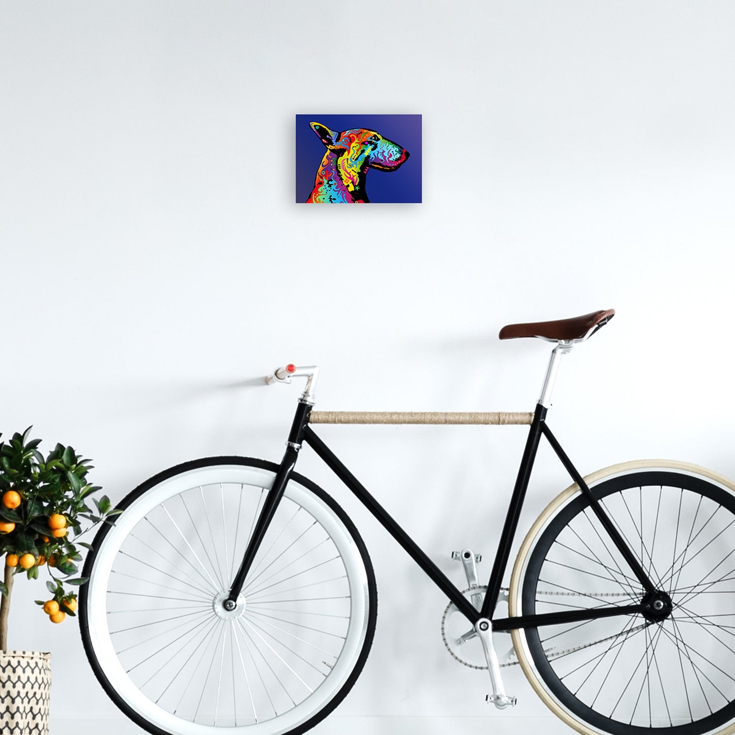 English Bull Terrier Dog Blue Art Print by Michael Tompsett A4 Black Frame