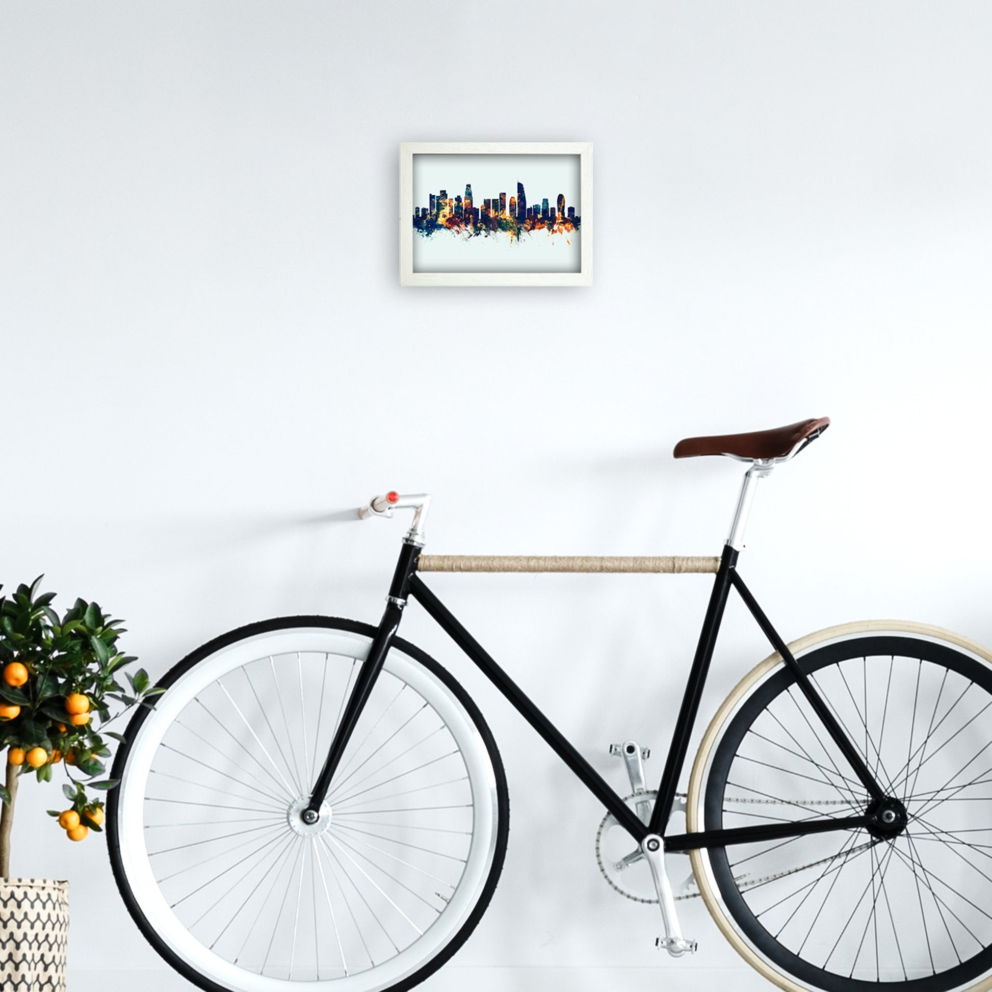 Los Angeles California Skyline Blue Orange Art Print by Michael Tompsett A4 Oak Frame
