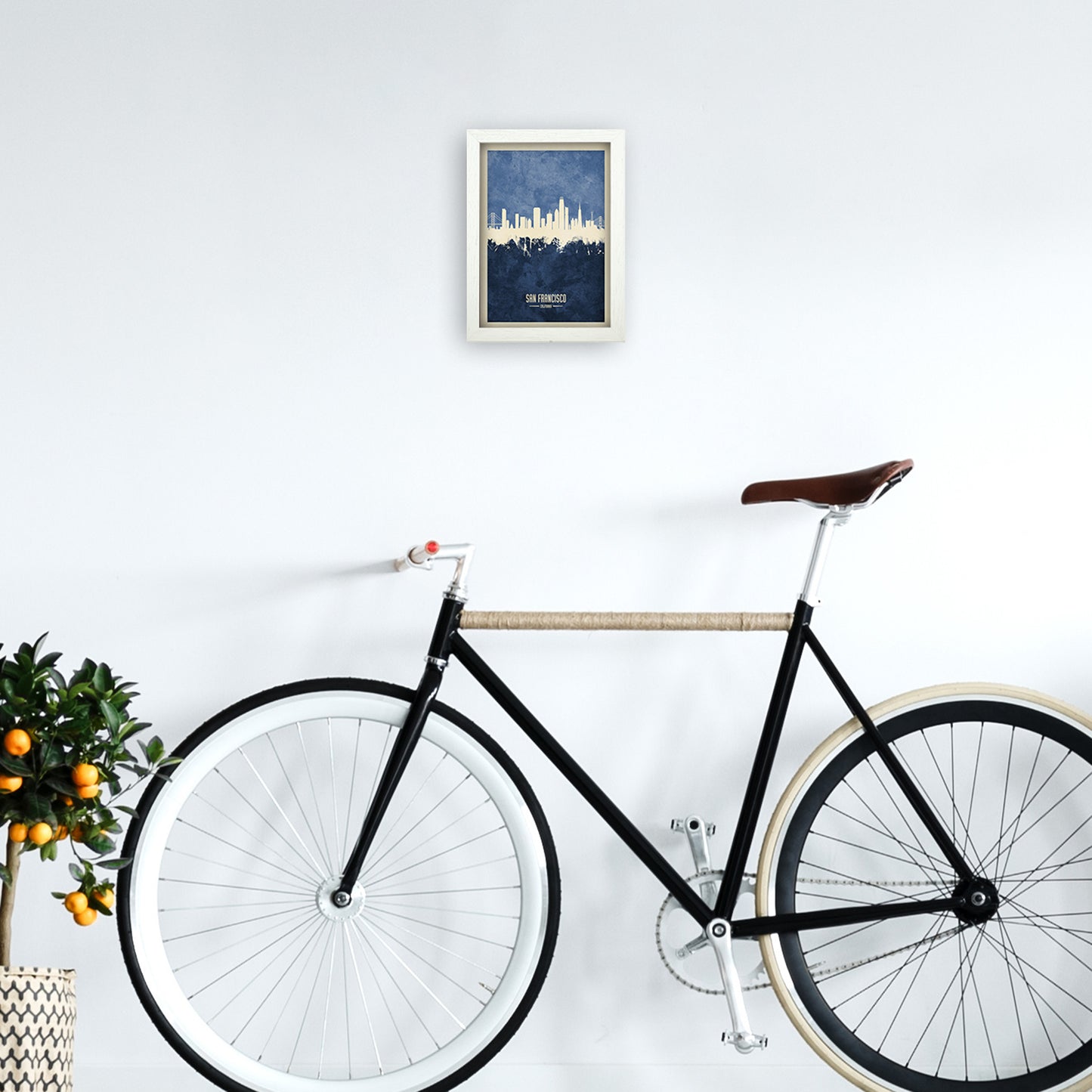 San Francisco California Skyline Portrait Navy Art Print by Michael Tompsett A4 Oak Frame