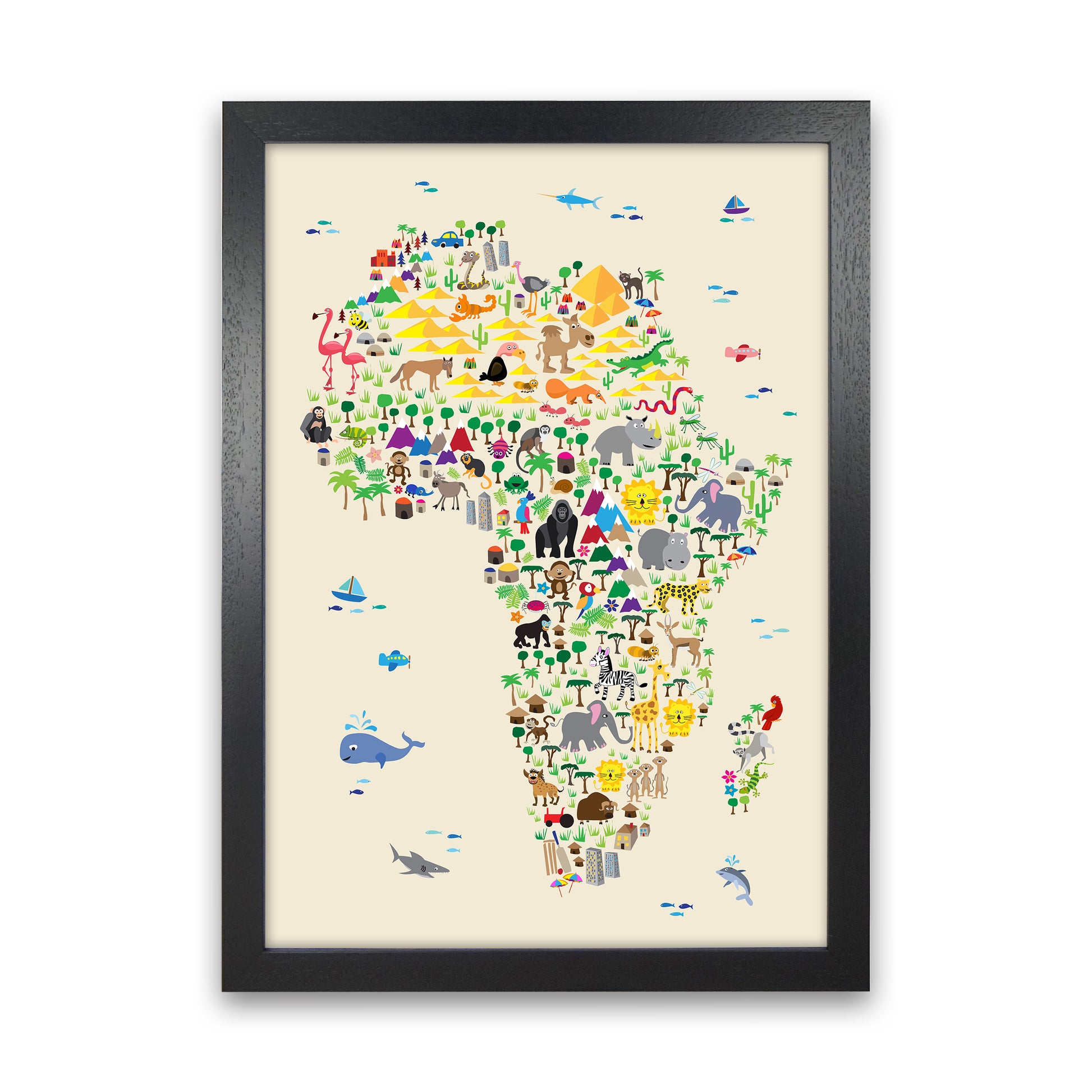 Animal Map of Africa Beige  Art Print by Michael Tompsett Black Grain