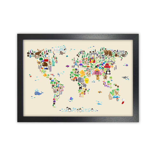 Animal Map of the World Beige Art Print by Michael Tompsett Black Grain