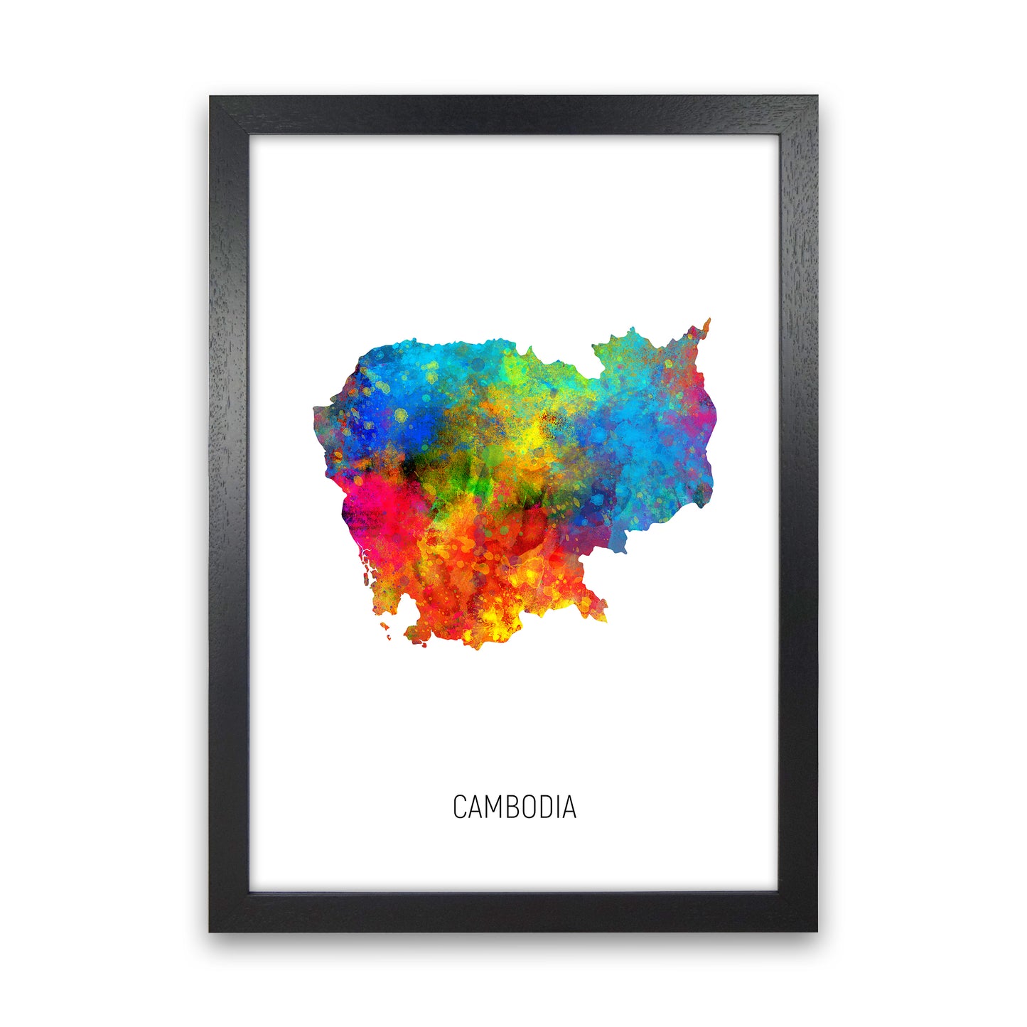 Cambodia Watercolour Map Art Print by Michael Tompsett Black Grain