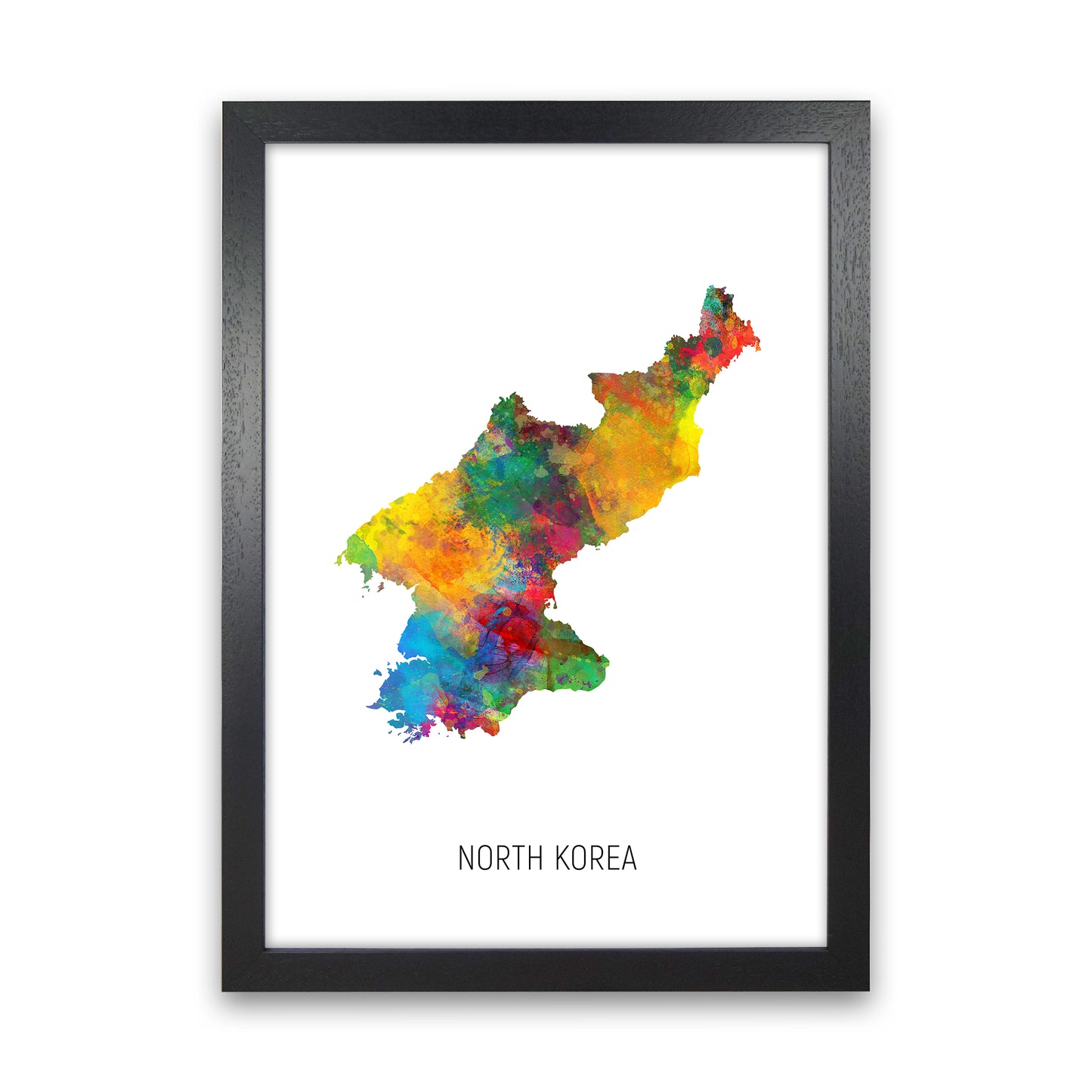 North Korea Watercolour Map Art Print by Michael Tompsett Black Grain