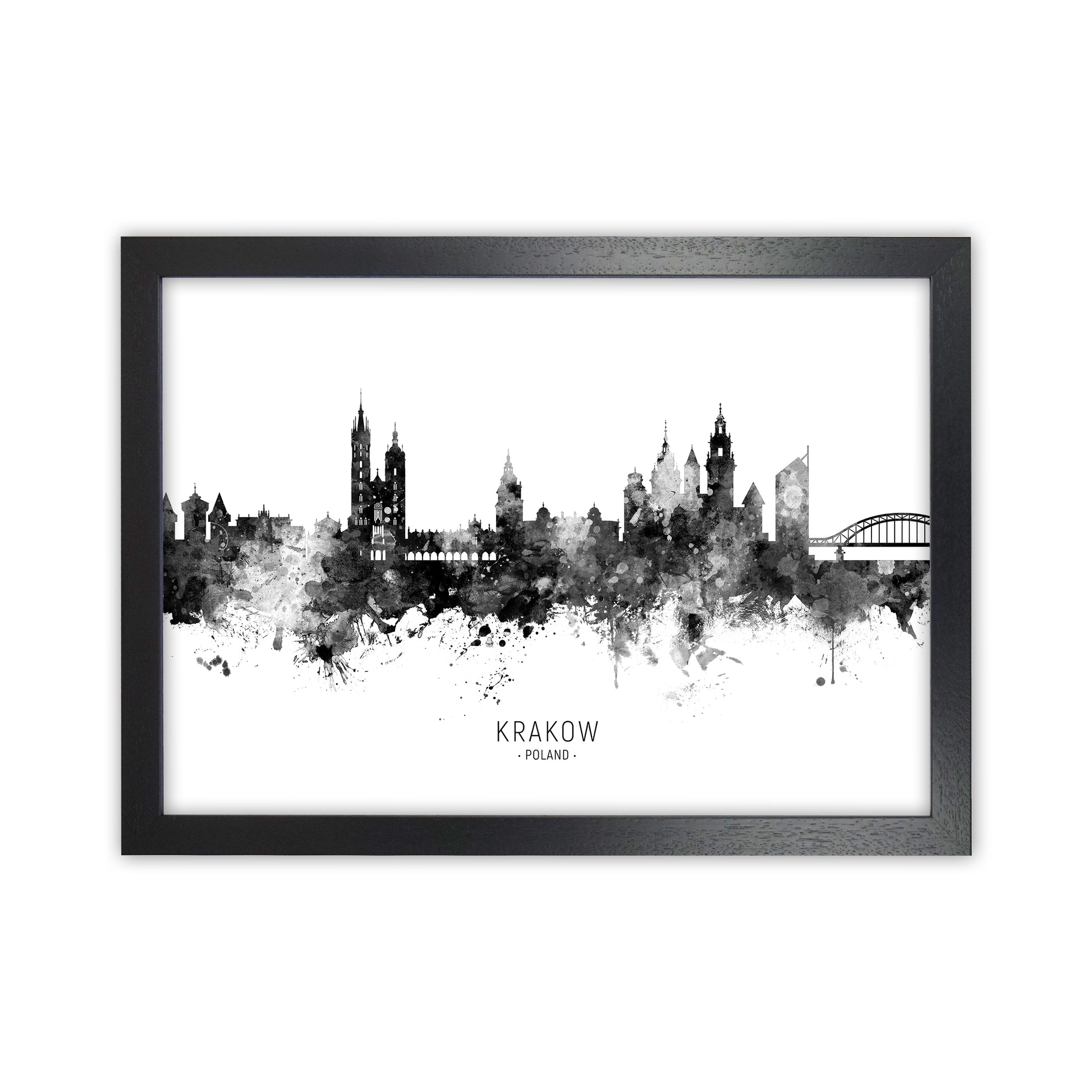 Krakow Poland Skyline Black White City Name  by Michael Tompsett Black Grain