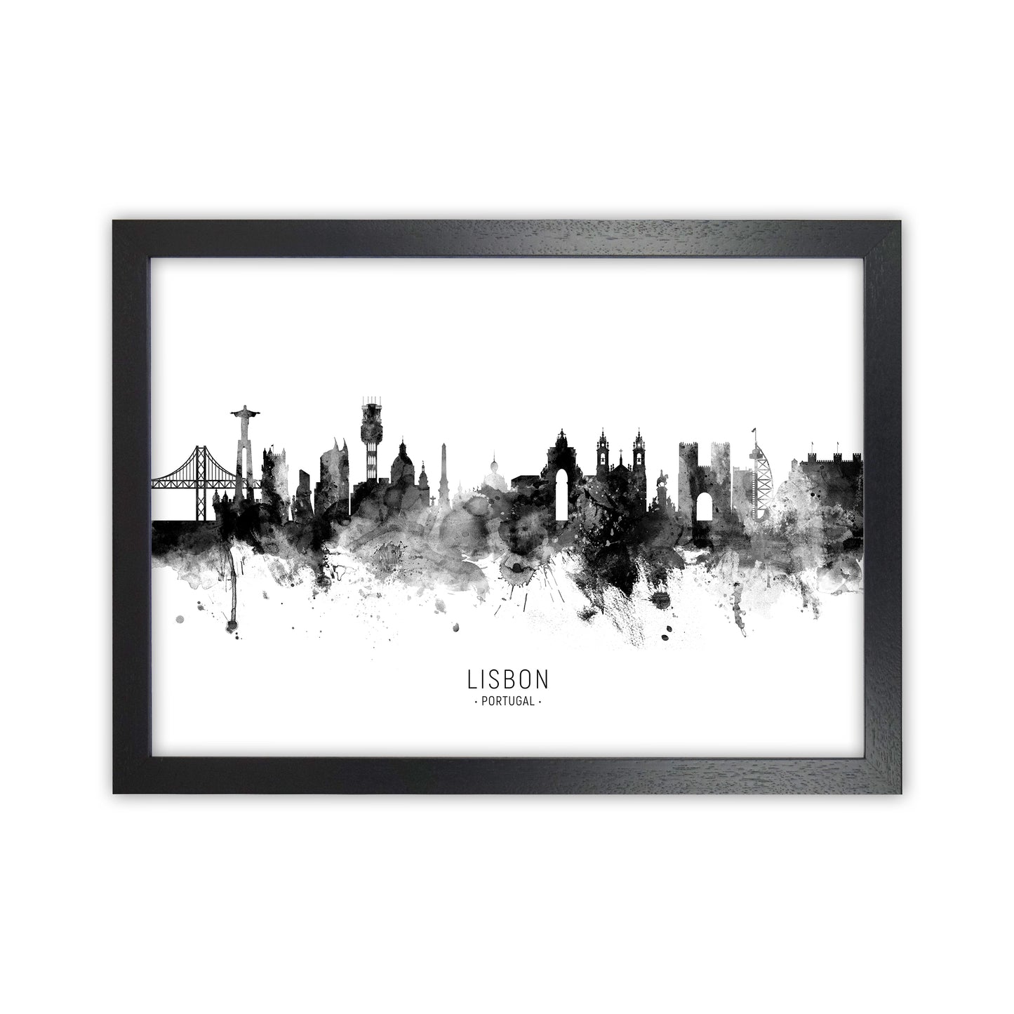 Lisbon Portugal Skyline Black White City Name by Michael Tompsett Black Grain