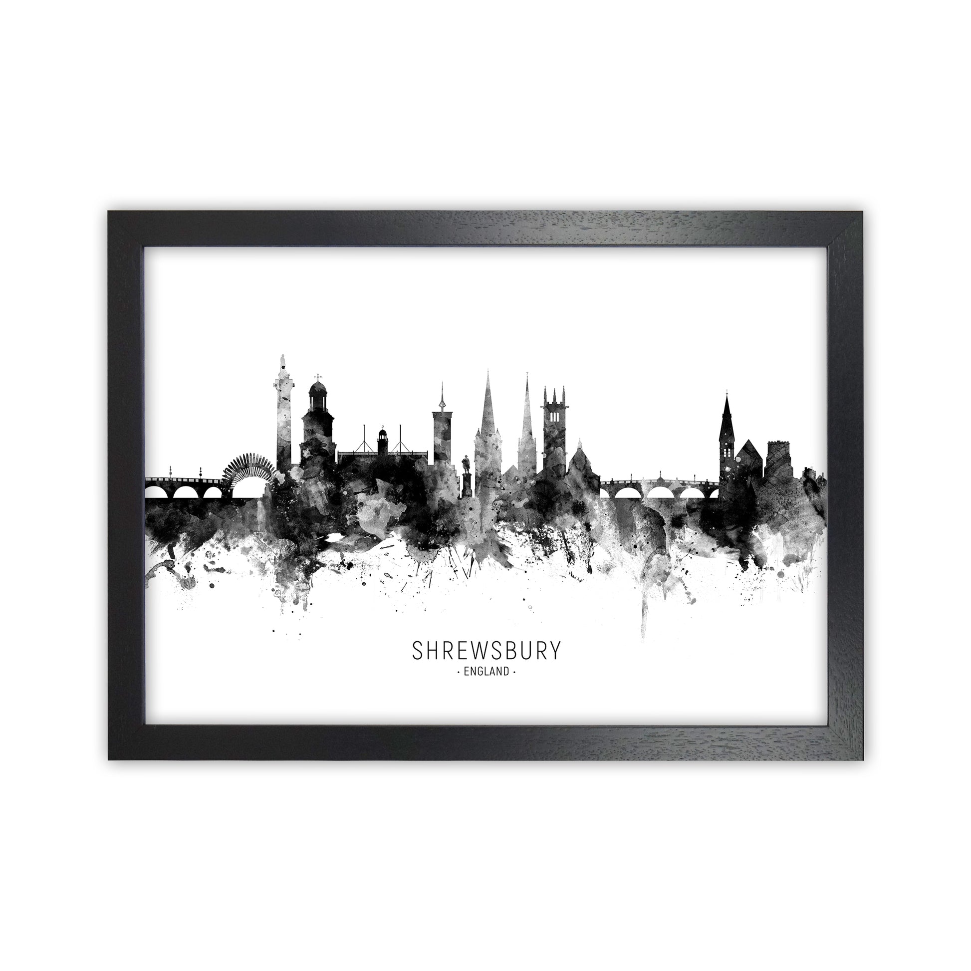 Shrewsbury England Skyline Black White City Name  by Michael Tompsett Black Grain