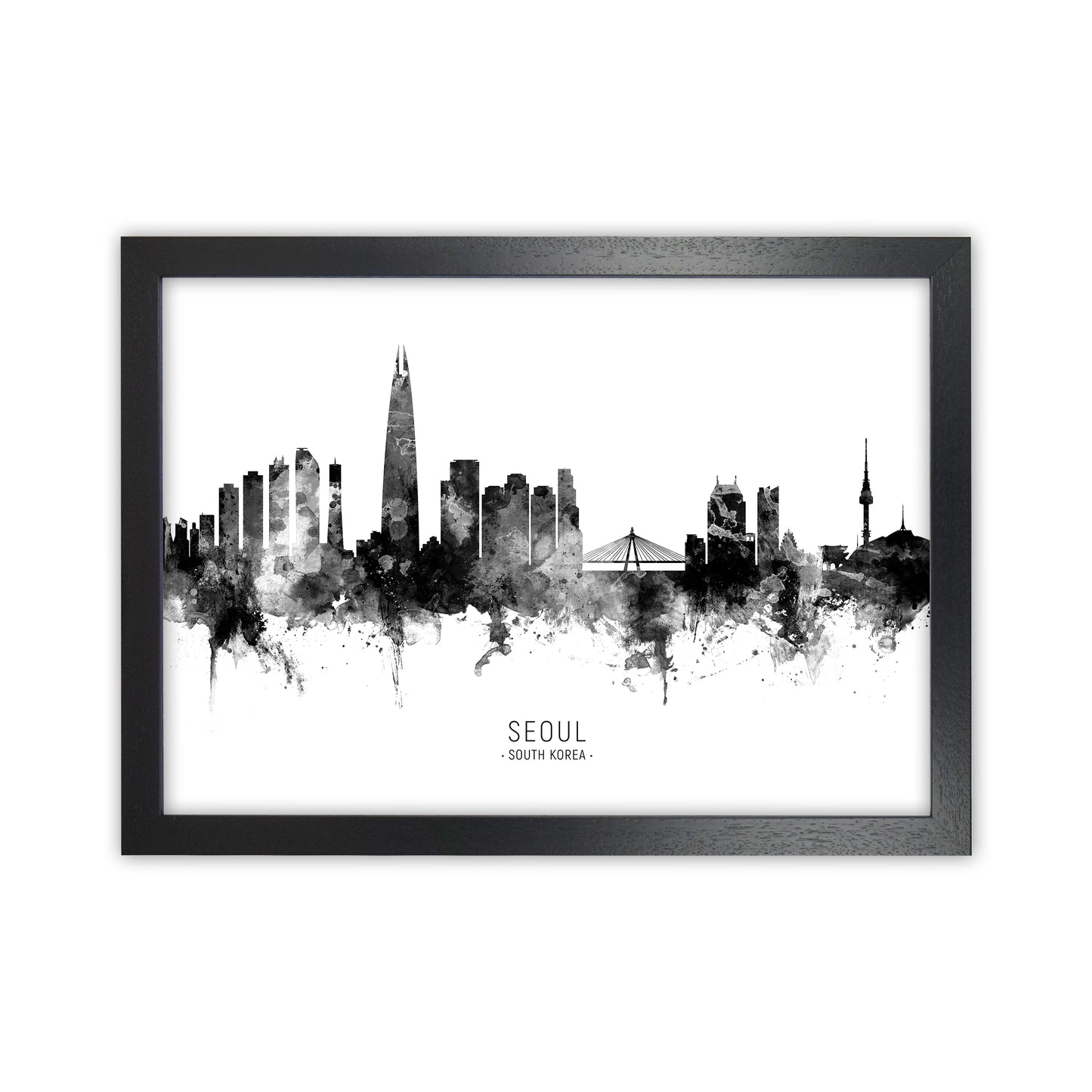 Seoul South Korea Skyline Black White City Name  by Michael Tompsett Black Grain