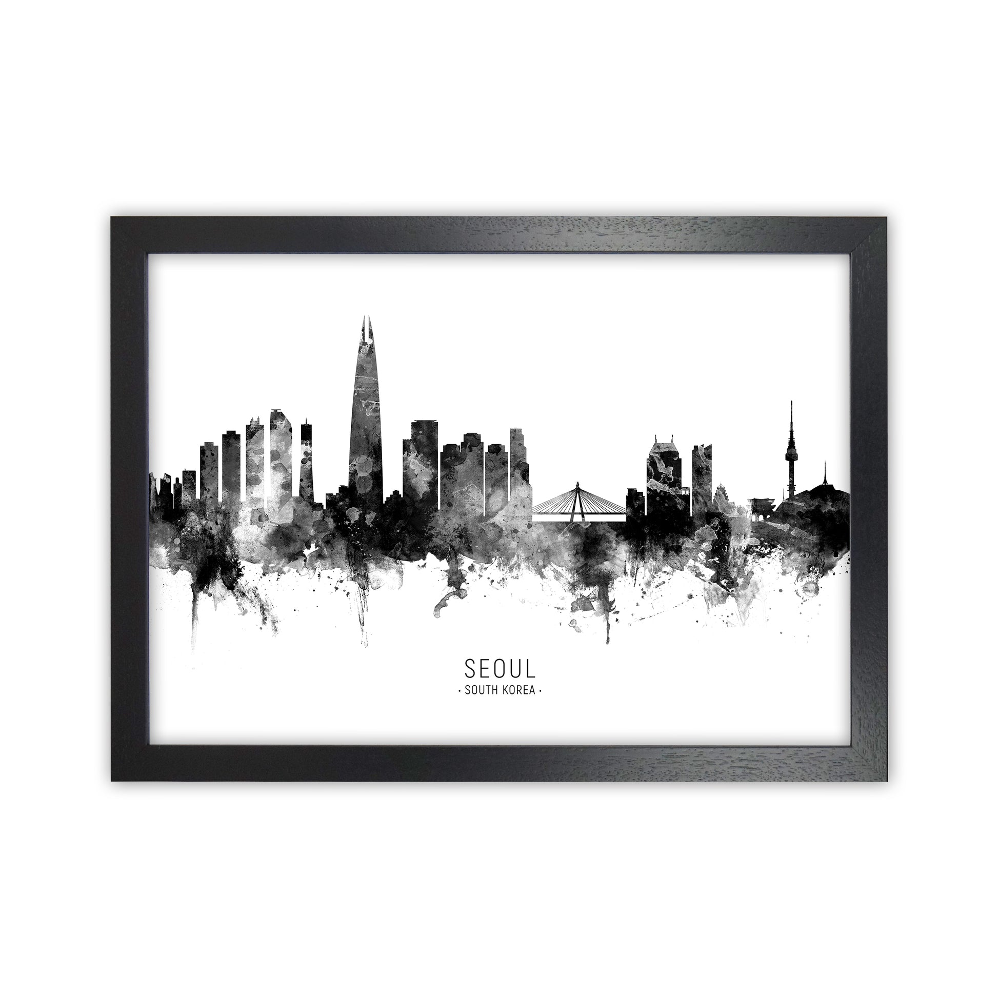 Seoul South Korea Skyline Black White City Name  by Michael Tompsett Black Grain