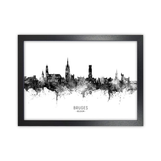 Bruges Belgium Skyline Black White City Name  by Michael Tompsett Black Grain