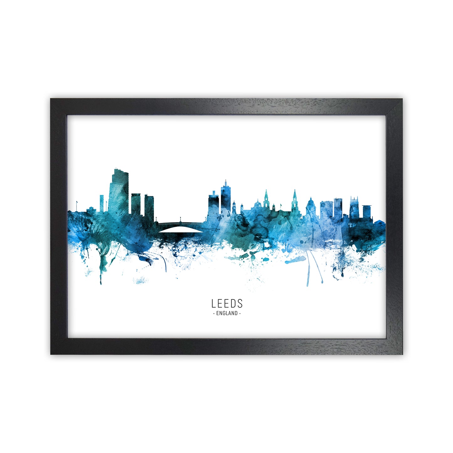Leeds England Skyline Blue City Name  by Michael Tompsett Black Grain