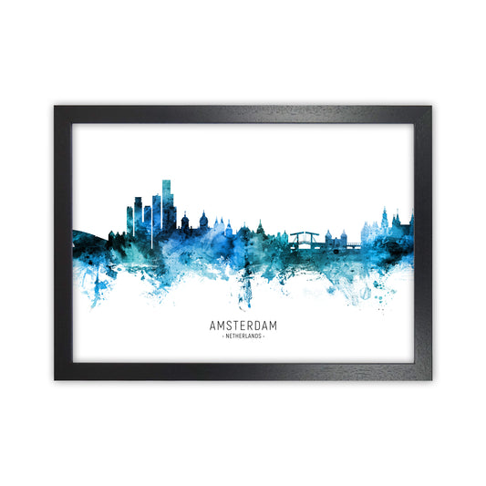 Amsterdam Netherlands Skyline Blue City Name  by Michael Tompsett Black Grain