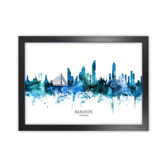 Bangkok Thailand Skyline Blue City Name  by Michael Tompsett Black Grain