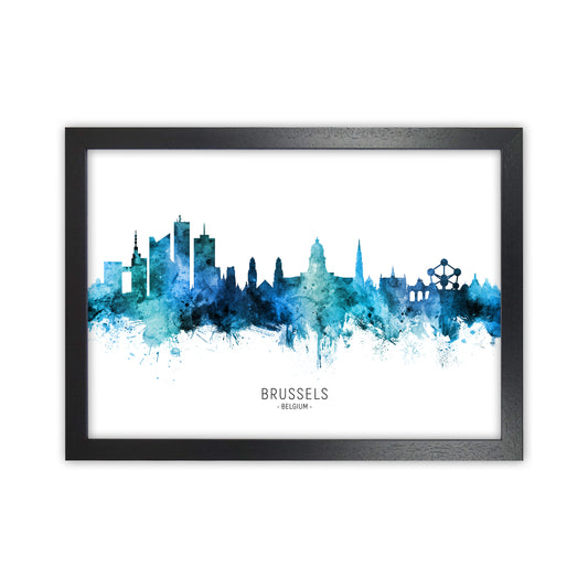 Brussels Belgium Skyline Blue City Name  by Michael Tompsett Black Grain