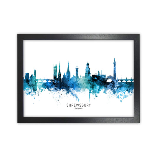 Shrewsbury England Skyline Blue City Name  by Michael Tompsett Black Grain