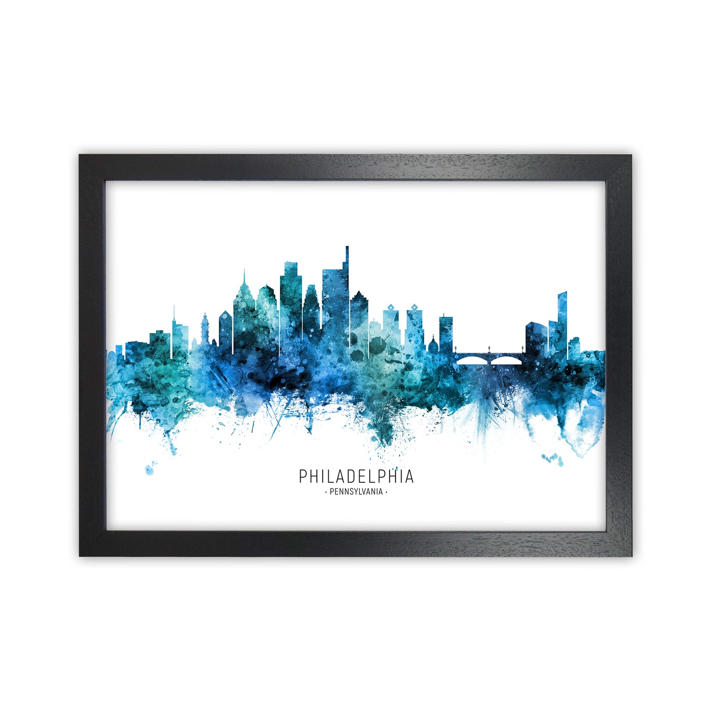 Philadelphia Pennsylvania Skyline Blue City Name by Michael Tompsett Black Grain