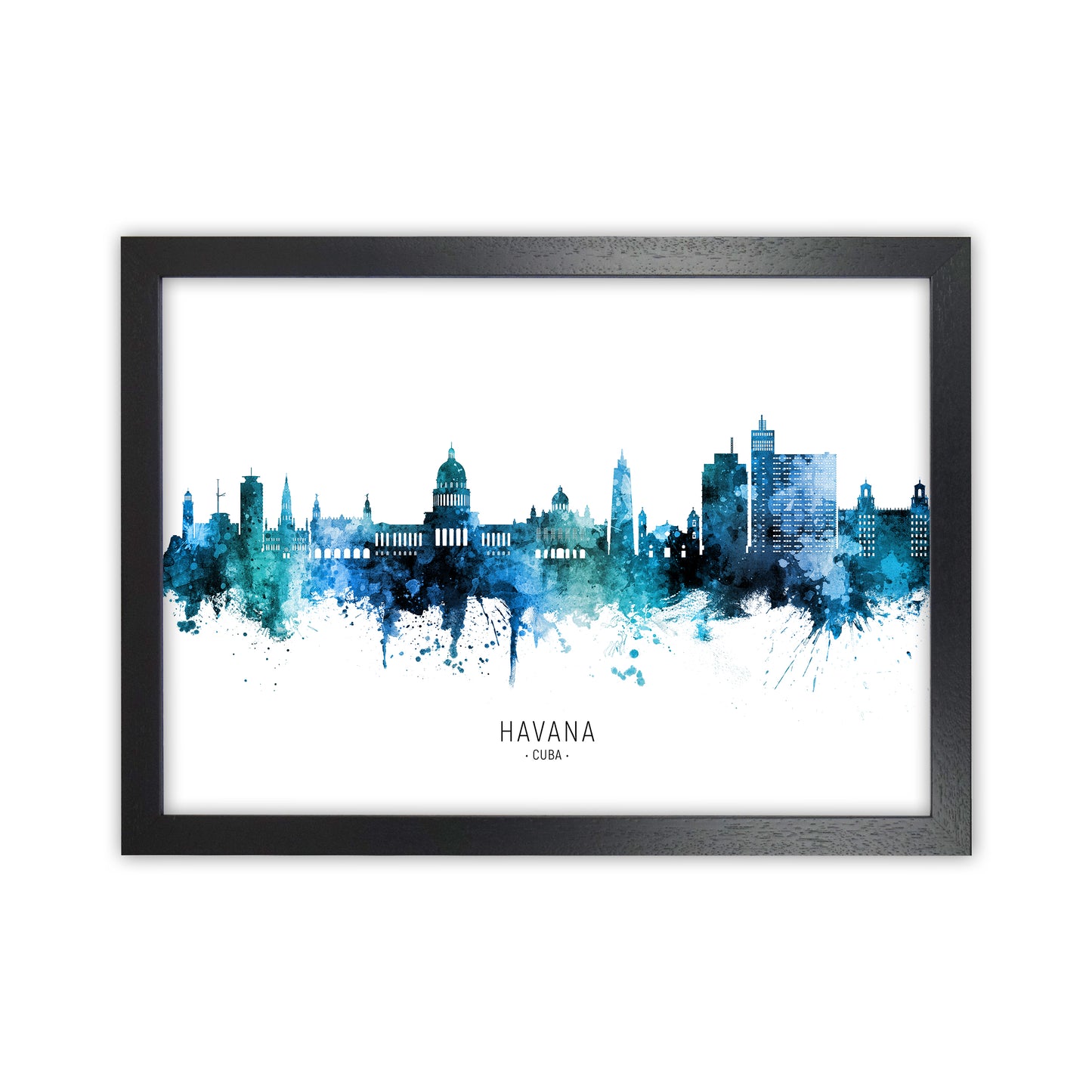 Havana Cuba Skyline Blue City Name Print by Michael Tompsett Black Grain