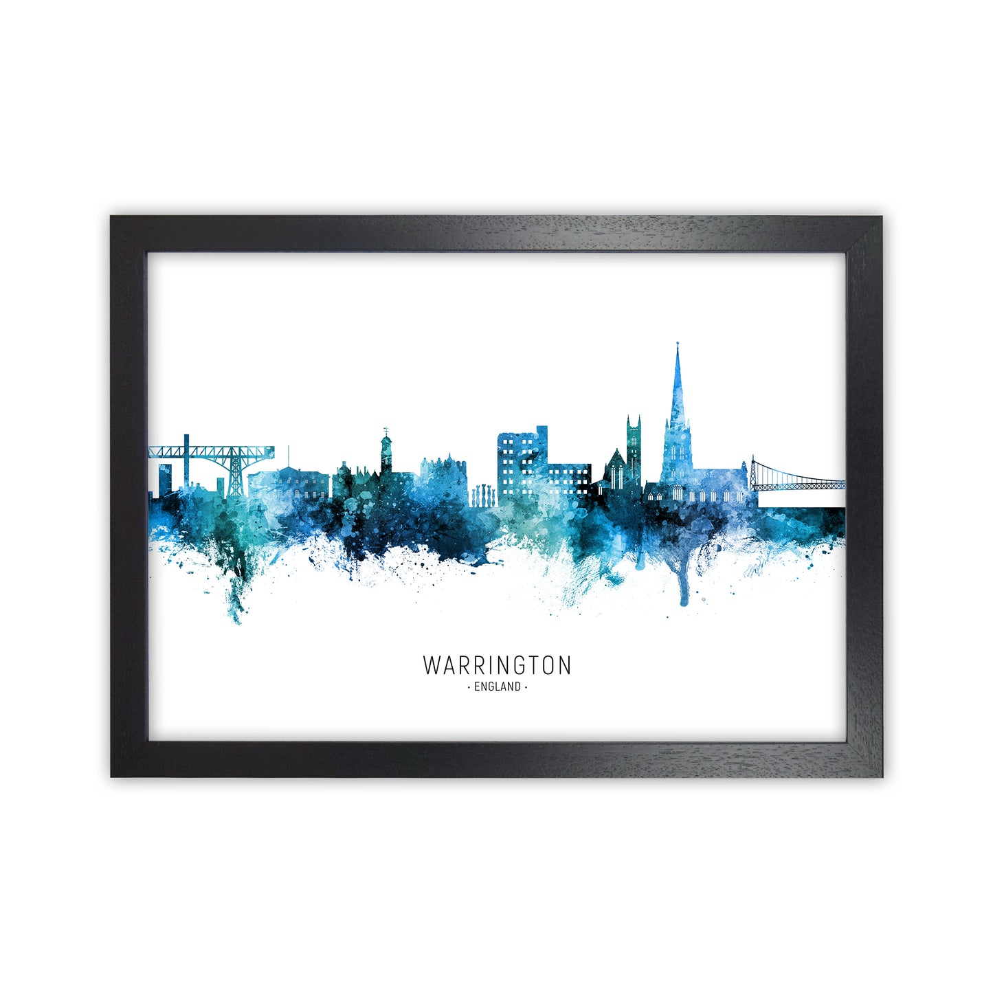Warrington England Skyline Blue City Name  by Michael Tompsett Black Grain