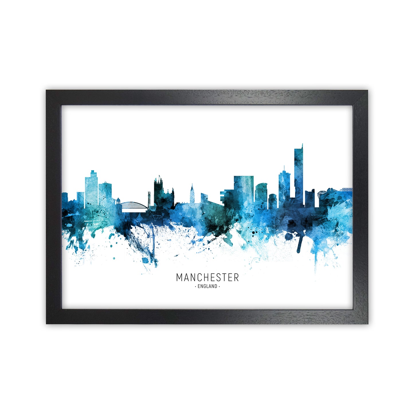 Manchester England Skyline Blue City Name by Michael Tompsett Black Grain