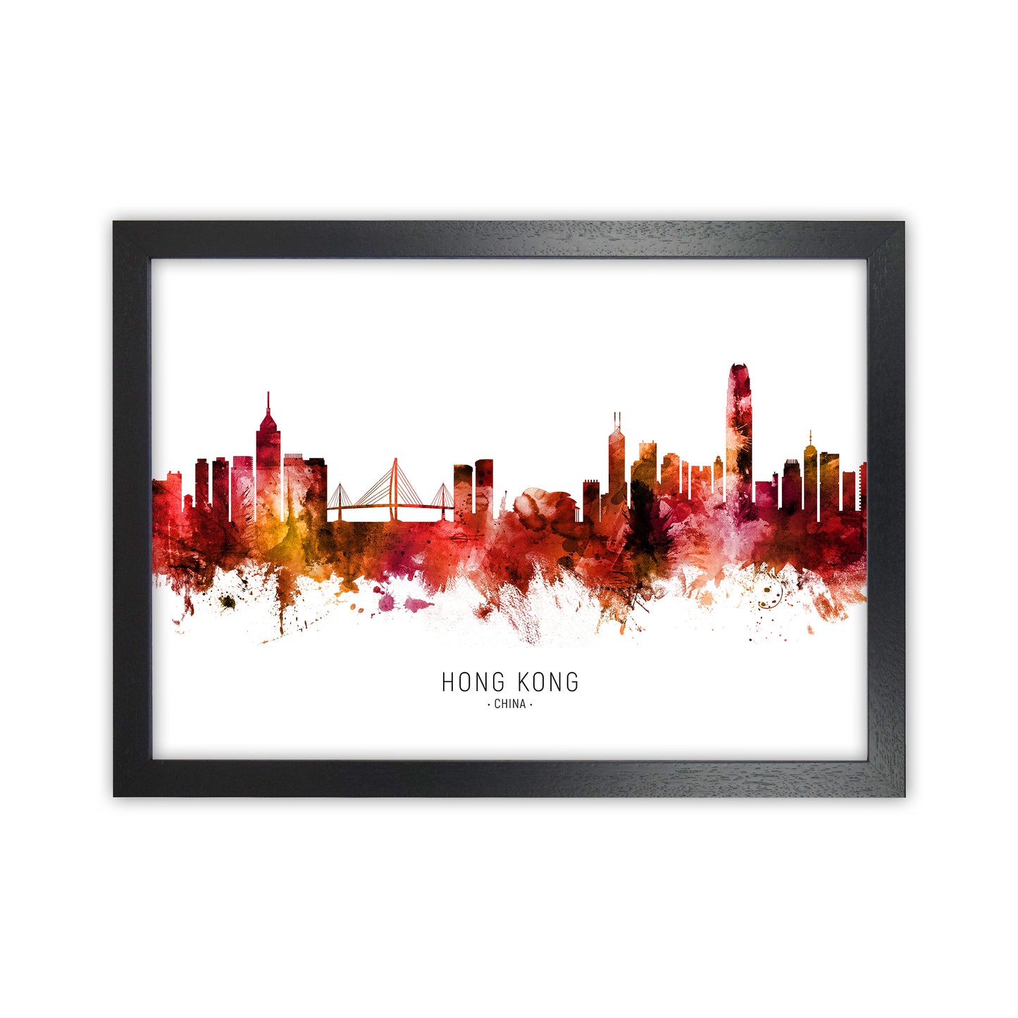 Hong Kong China Skyline Red City Name by Michael Tompsett Black Grain