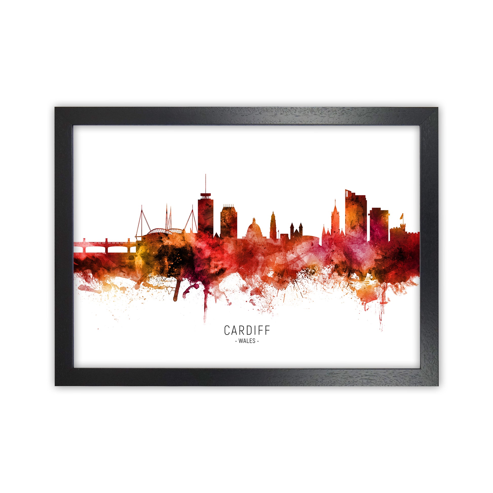 Cardiff Wales Skyline Red City Name Print by Michael Tompsett Black Grain