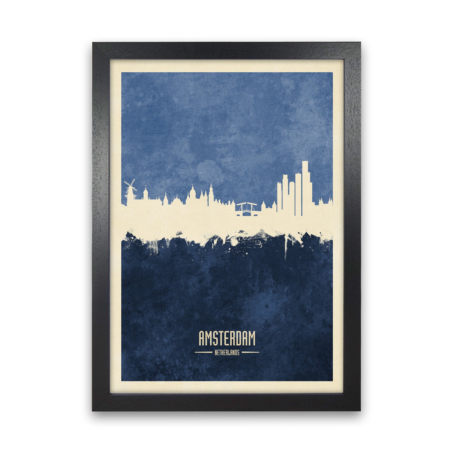 Amsterdam Netherlands Skyline Portrait Navy Art Print by Michael Tompsett Black Grain