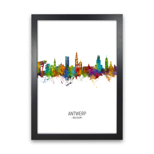 Antwerp Belgium Skyline Portrait Art Print by Michael Tompsett Black Grain