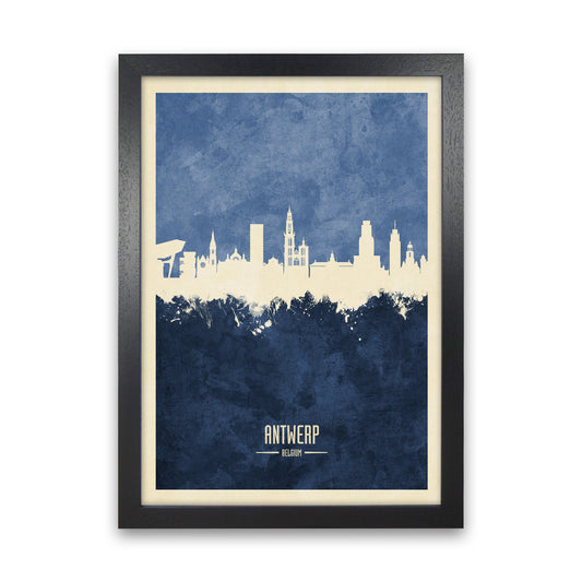 Antwerp Belgium Skyline Portrait Navy Art Print by Michael Tompsett Black Grain
