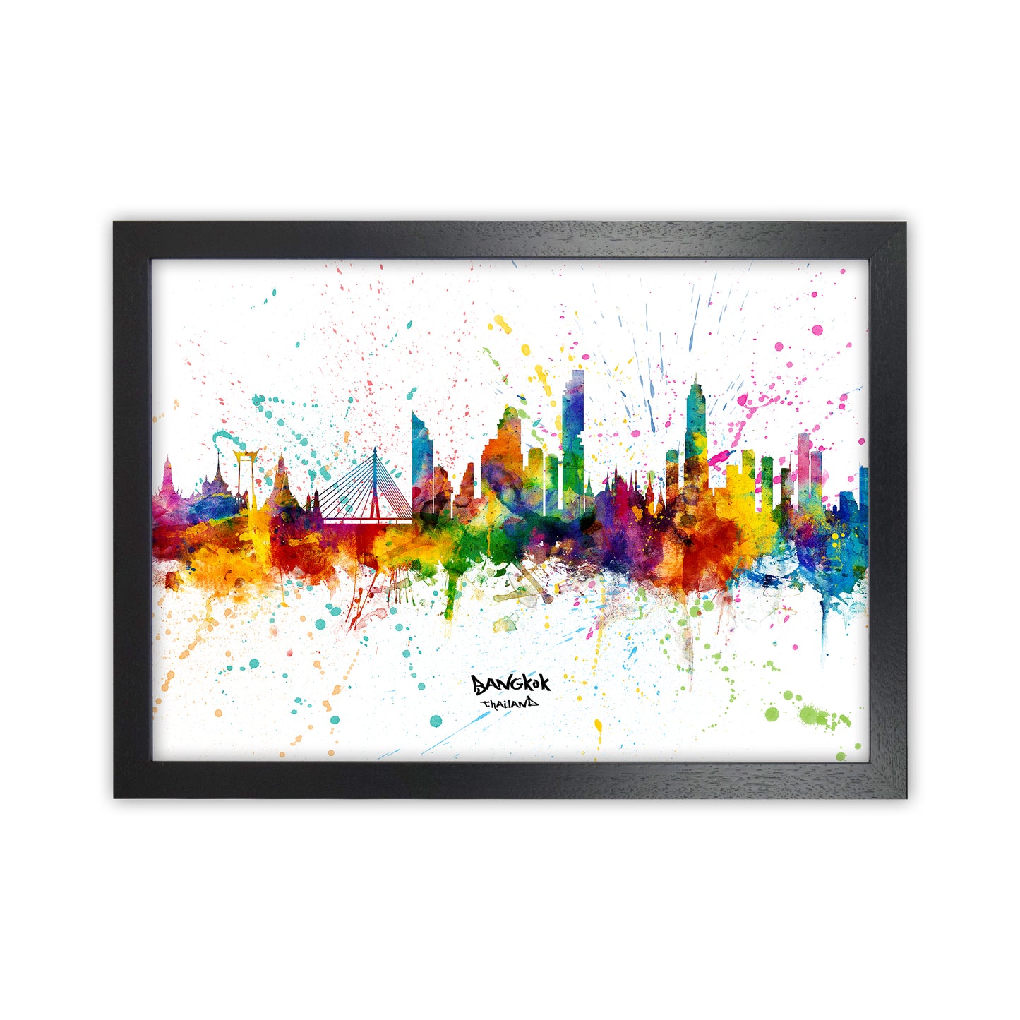 Bangkok Thailand Skyline Splash Art Print by Michael Tompsett Black Grain