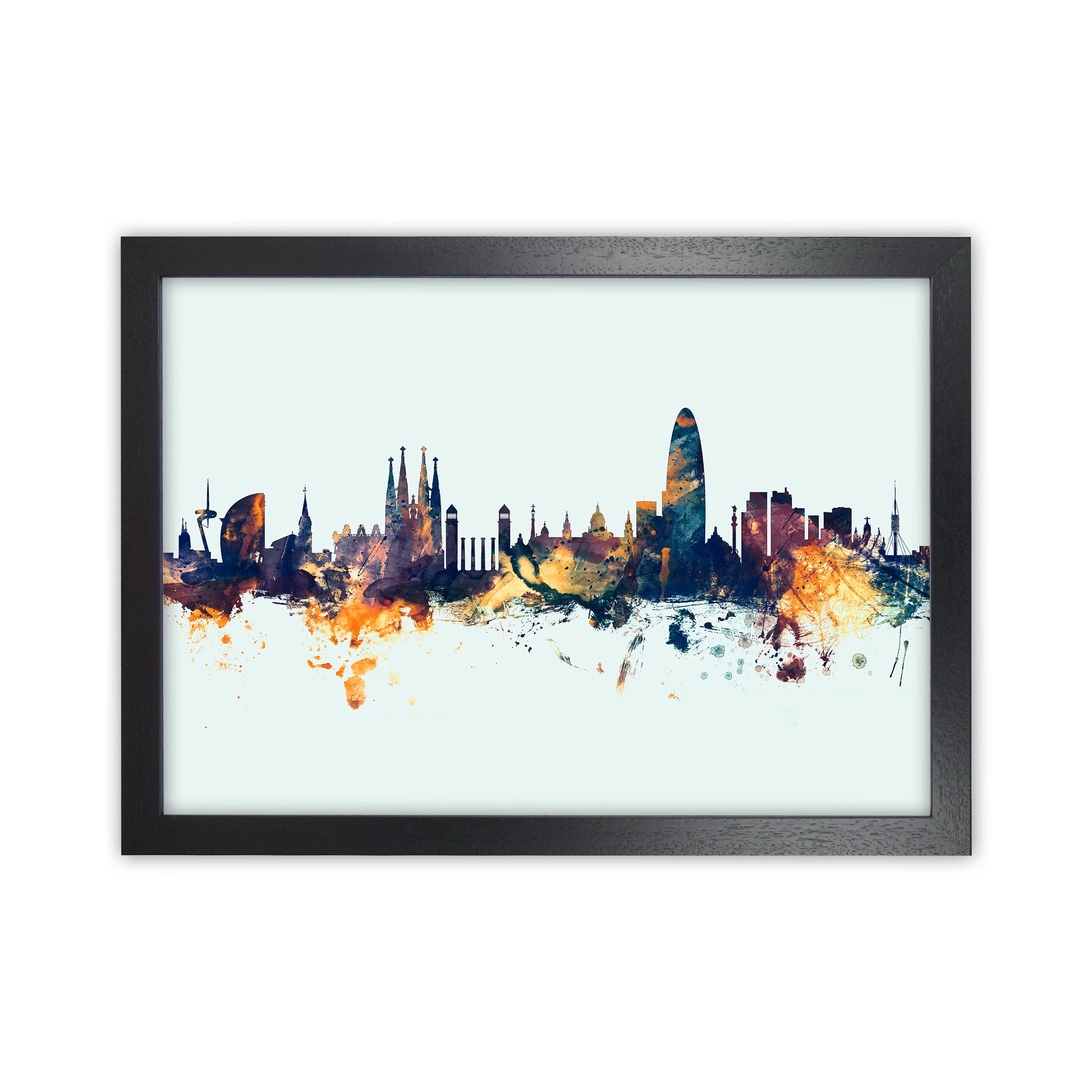 Barcelona Spain Skyline Blue Orange Art Print by Michael Tompsett Black Grain