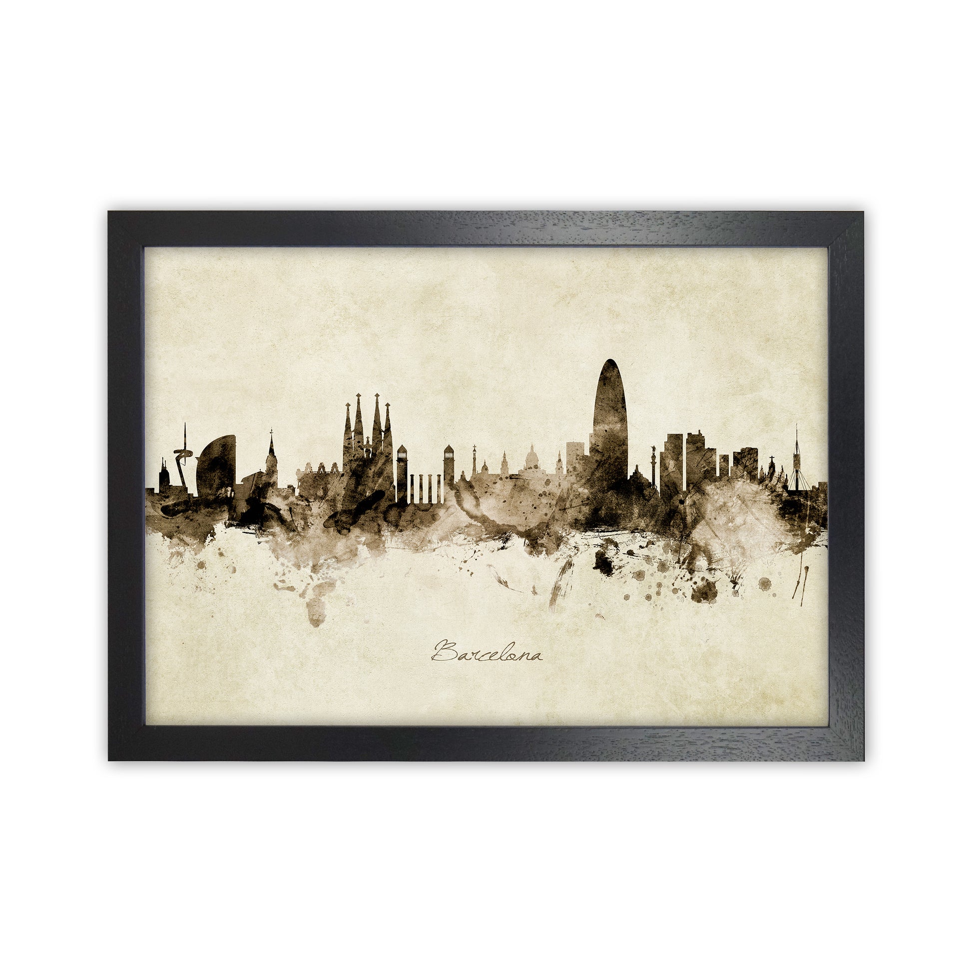 Barcelona Spain Skyline Vintage Art Print by Michael Tompsett Black Grain