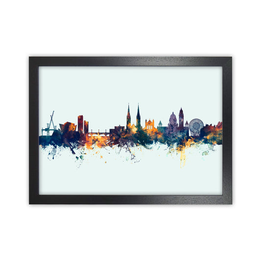 Belfast Northern Ireland Skyline Blue Orange Art Print by Michael Tompsett Black Grain