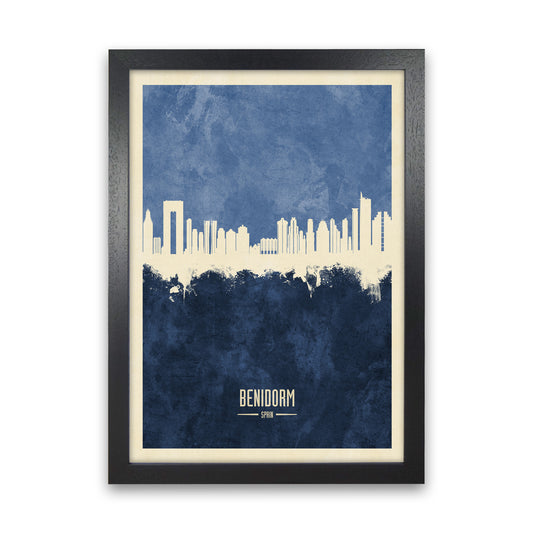 Benidorm Spain Skyline Portrait Navy Art Print by Michael Tompsett Black Grain