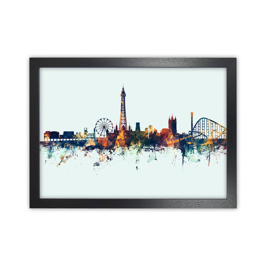Blackpool England Skyline Blue Orange Art Print by Michael Tompsett Black Grain
