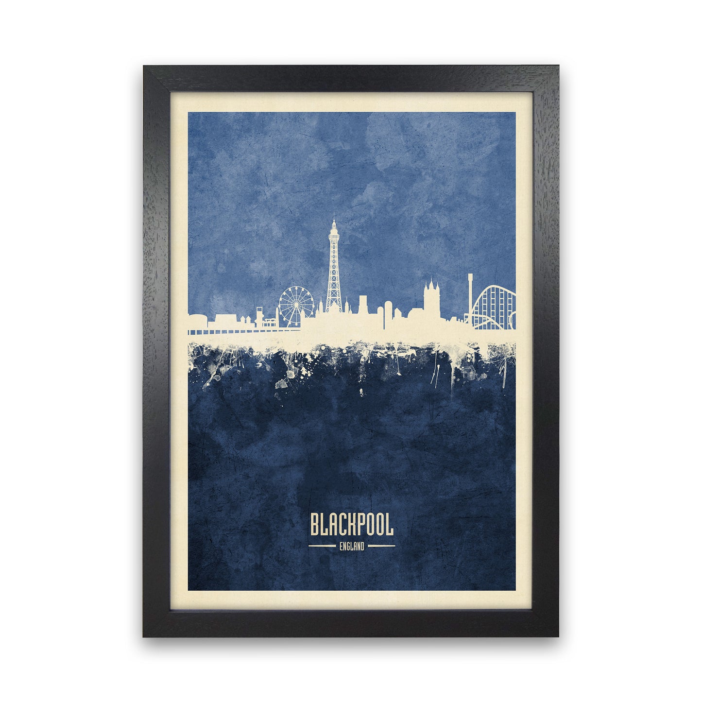 Blackpool England Skyline Portrait Navy Art Print by Michael Tompsett Black Grain