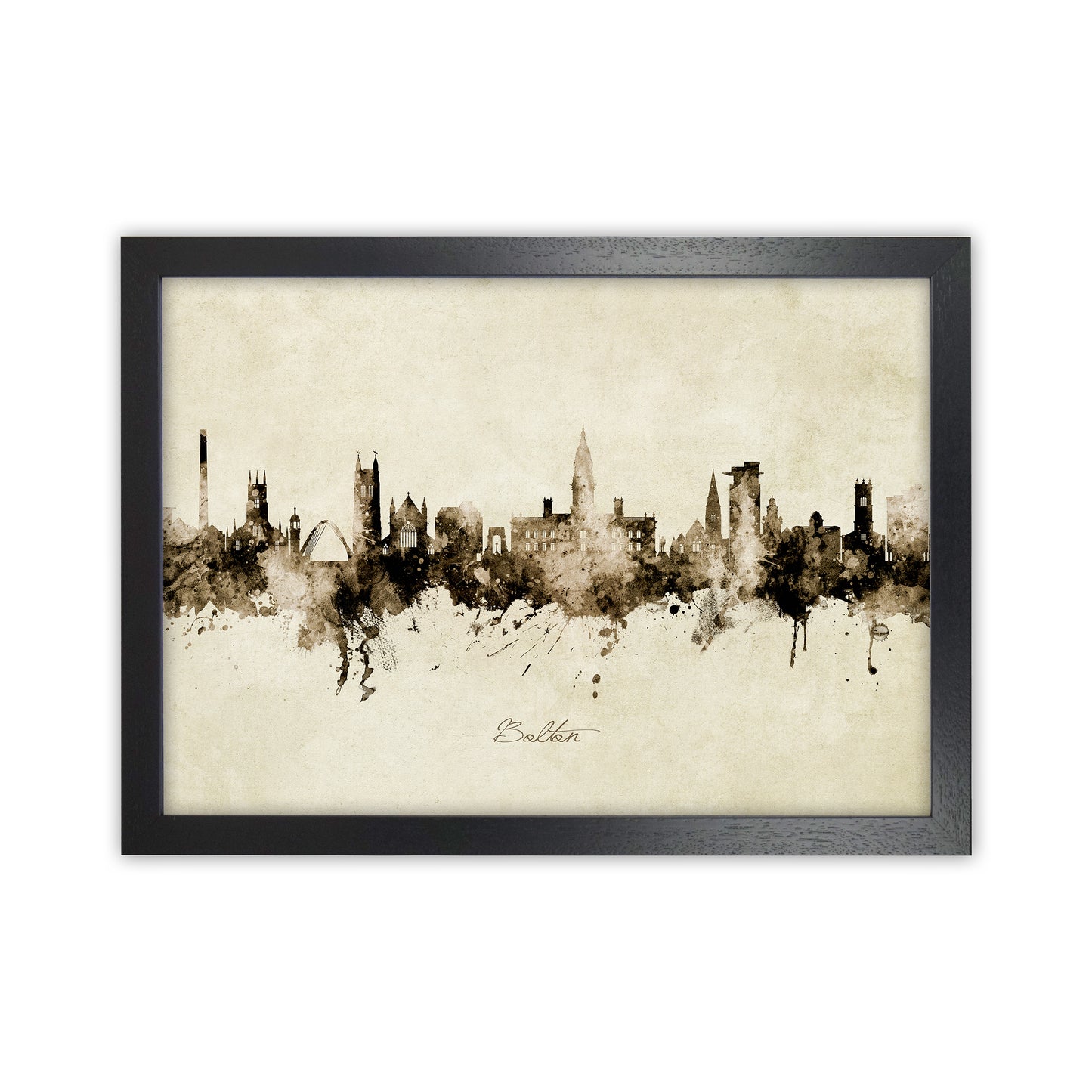 Bolton England Skyline Vintage Art Print by Michael Tompsett Black Grain