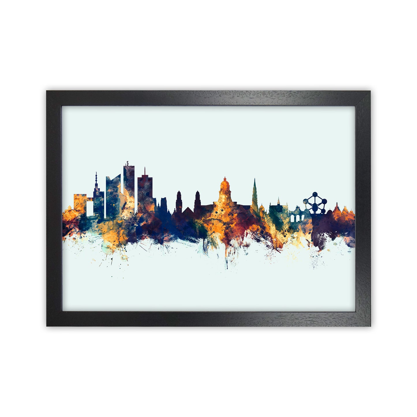 Brussels Belgium Skyline Blue Orange Art Print by Michael Tompsett Black Grain