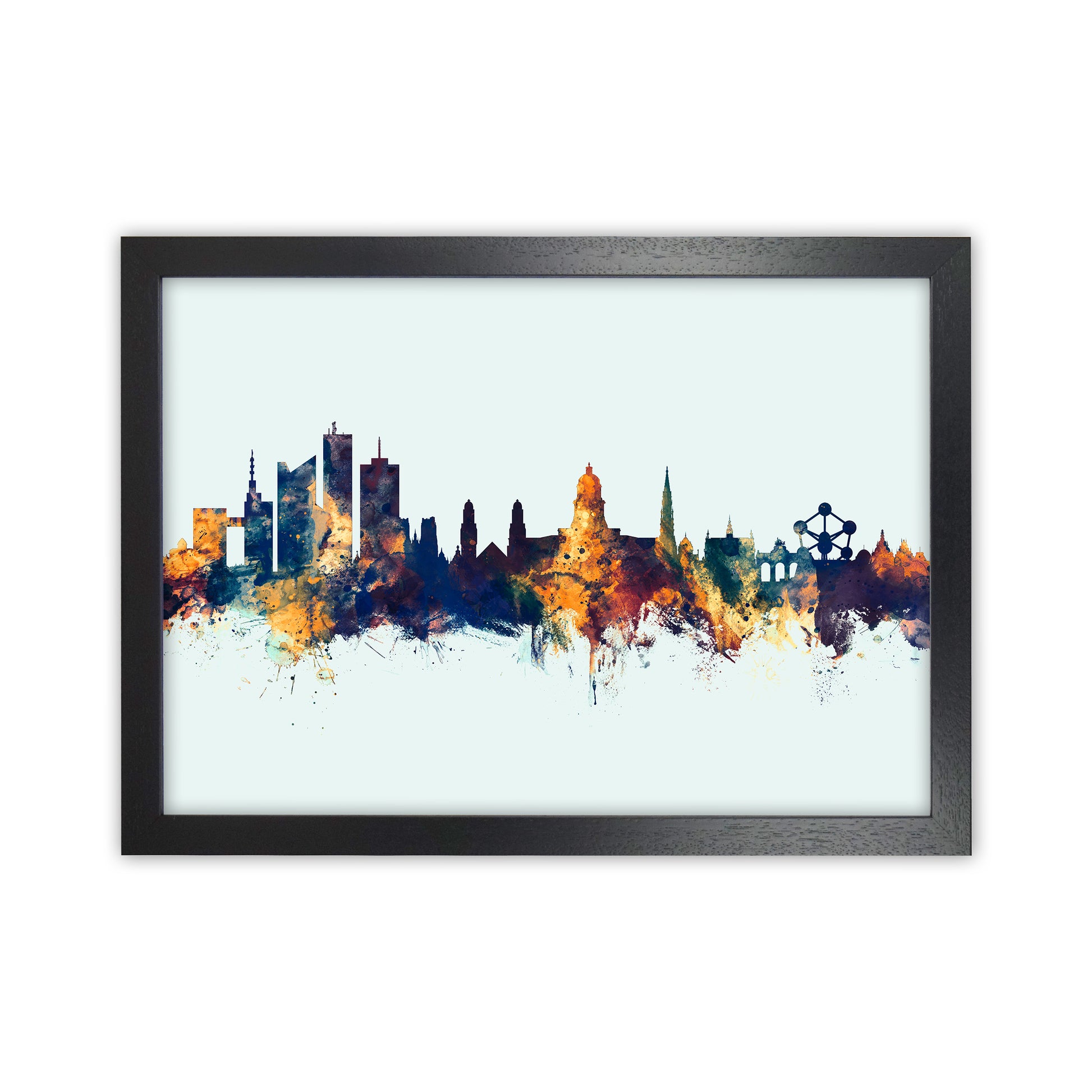 Brussels Belgium Skyline Blue Orange Art Print by Michael Tompsett Black Grain